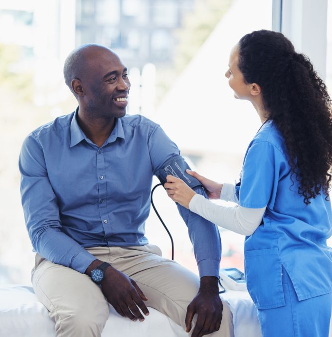 Doctor woman, patient and blood pressure consultation in hospital for healthcare or health insuranc Doctor woman, patient and blood pressure consultation in hospital for healthcare or health insuranc